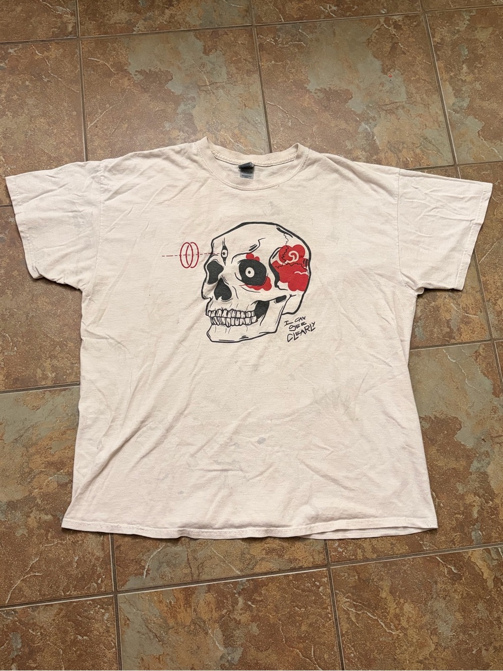 Gildan White Short Sleeve Tee with Red and Black Skull Graphic